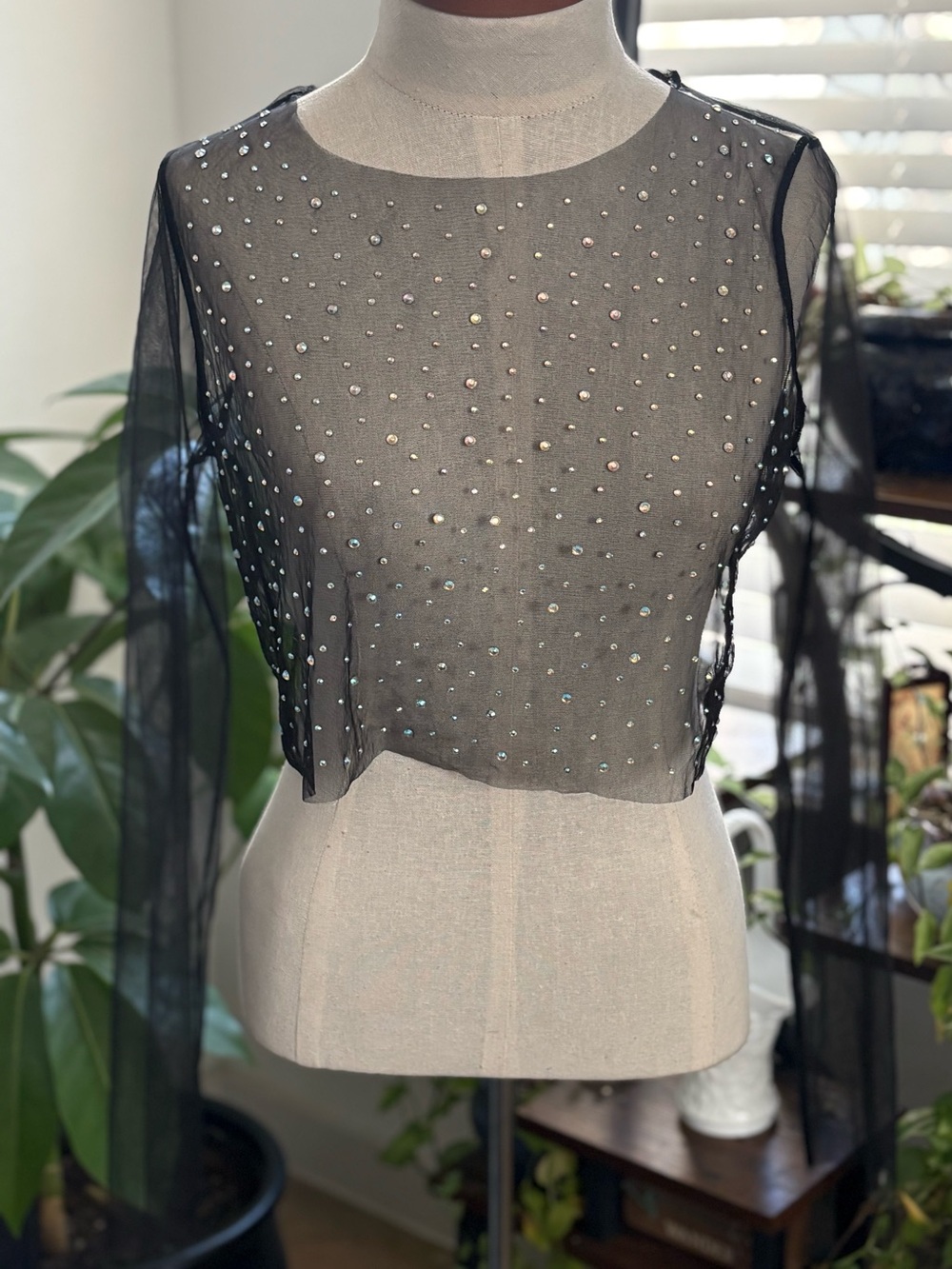 love J Black Sheer Long Sleeve Crop Top Covered in Crystals NWT Festival Bling